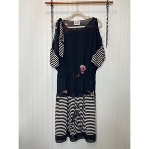 Vintage Joseph Magnin Off Shoulder Floral Stripe Sheer Dress Rare 80s Size L